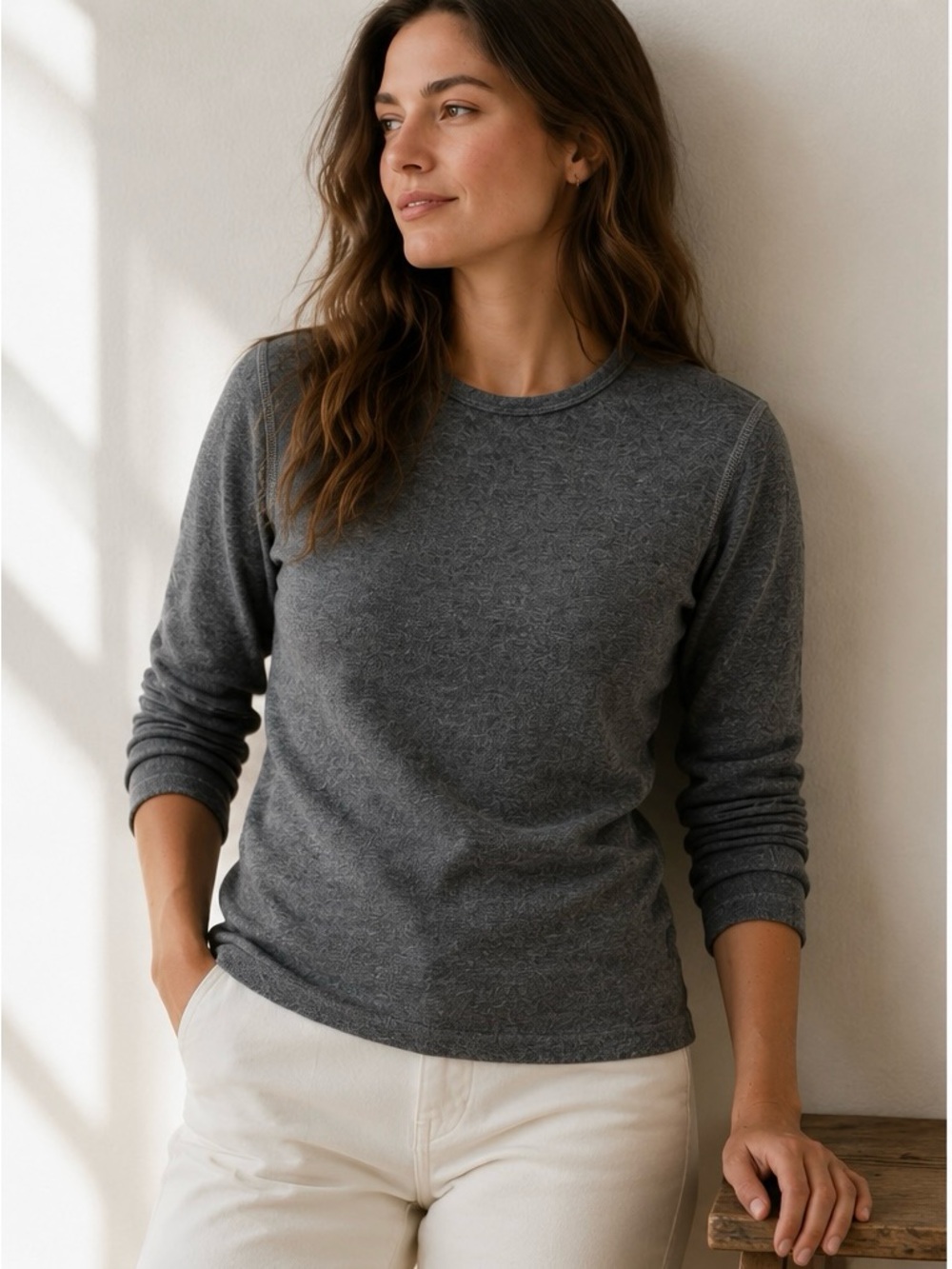 L.L.Bean Gray Wool Blend Thermal Crewneck Sweater Top Women’s Large Reg